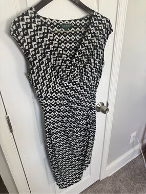 Ralph Lauren Black and White Geometric Cap-Sleeve Dress